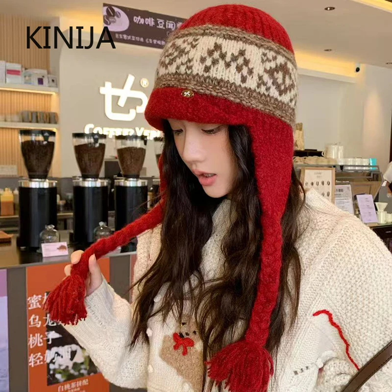 Koreanische Jacquard Gestrickte Ohr Schutz Hüte für Frauen Winter Warme Mützen Kappe Im Freien Coldproof Skullies Hut Pullover Kappe Mädchen