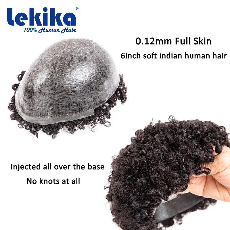 Afro Curly Toupee para homens negros, prótese de cabelo masculino, perucas duráveis, 100% cabelo humano, 0.1mm Injection Skin Wig, 10mm