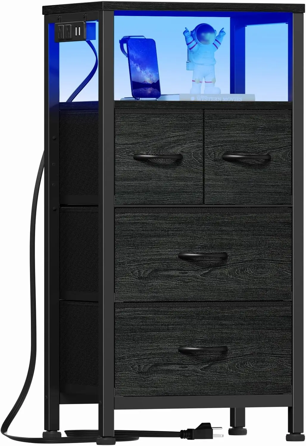 

Stand With Charging Station And Led Light, Small Dresser With Open Shelf And 4 Storage Drawers, Black Side T