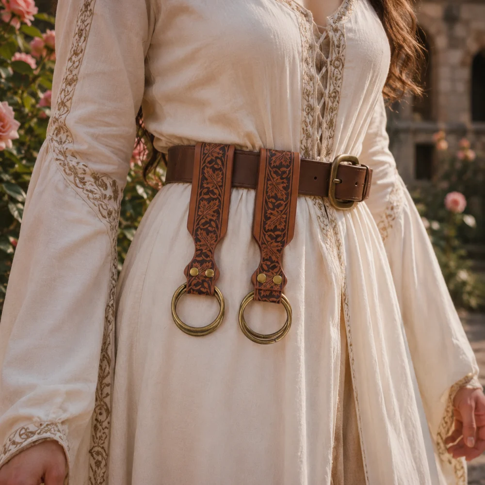 Maple Leaf Embossed Leather Belt Loops With Double O Rings, Medieval Renaissance Belt Hanging Accessories, Witch Elf Cosplay Wai