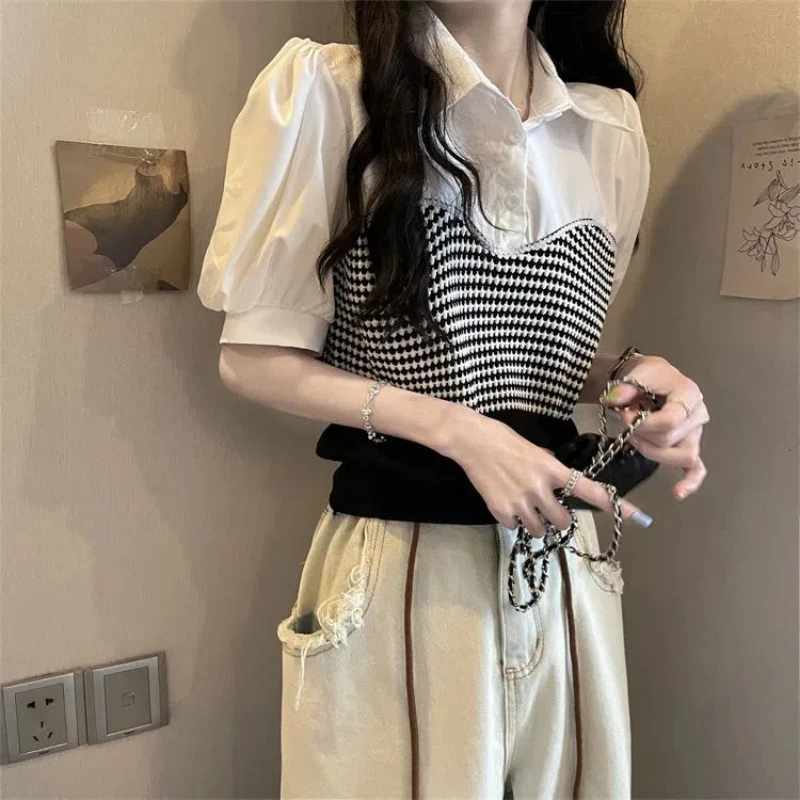 Summer New Youthful Girl Fake Two-piece Outfit Top Color College Sweet Puff Sleeve Shirts Short Tops Korean Trend Women Clothing