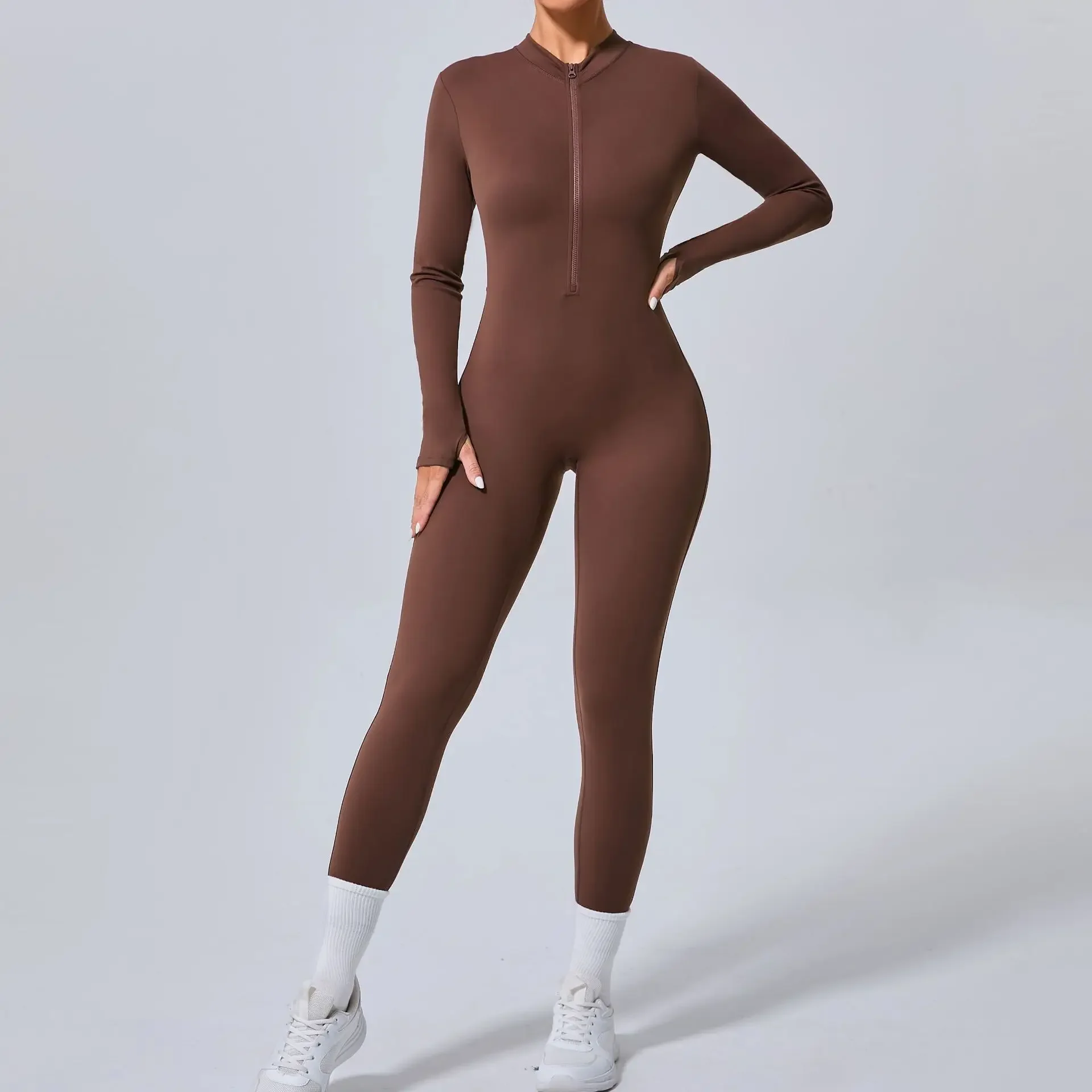 

Half Zipper Workout Yoga Jumpsuit Sports Overalls Women Long Sleeve Slimming Thumb Gym Clothing Running Fitness Suits Tracksuit