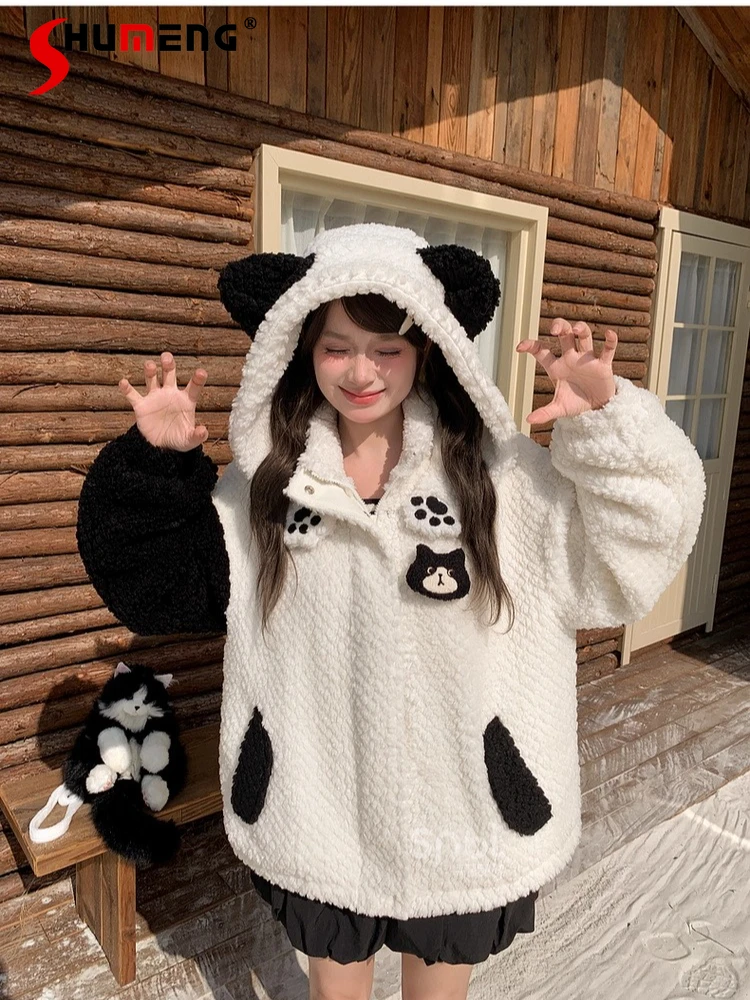 

Original Sweet Girl Little Cat Embroidery Fleeced Thick Women's Winter Jackets Coat Loose Casual Zipper Warm Hoodies Sweatshirts