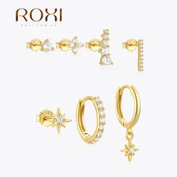 ROXI 925 스털링 실버 팔각형 스타/기하학 지르콘 피어스 귀걸이 세트 여성용 버클/스터드 DIY 데일리웨어 파티 쥬얼리