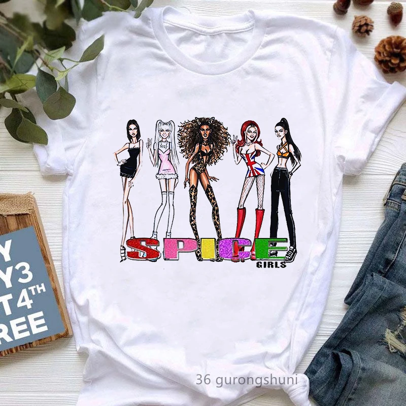 

2022 Hot Sale Spice Girls Cartoon Print T Shirts Women Harajuku Kawaii Clothes Hip Hop White Tshirt Femme Summer Tops Tee Shirt