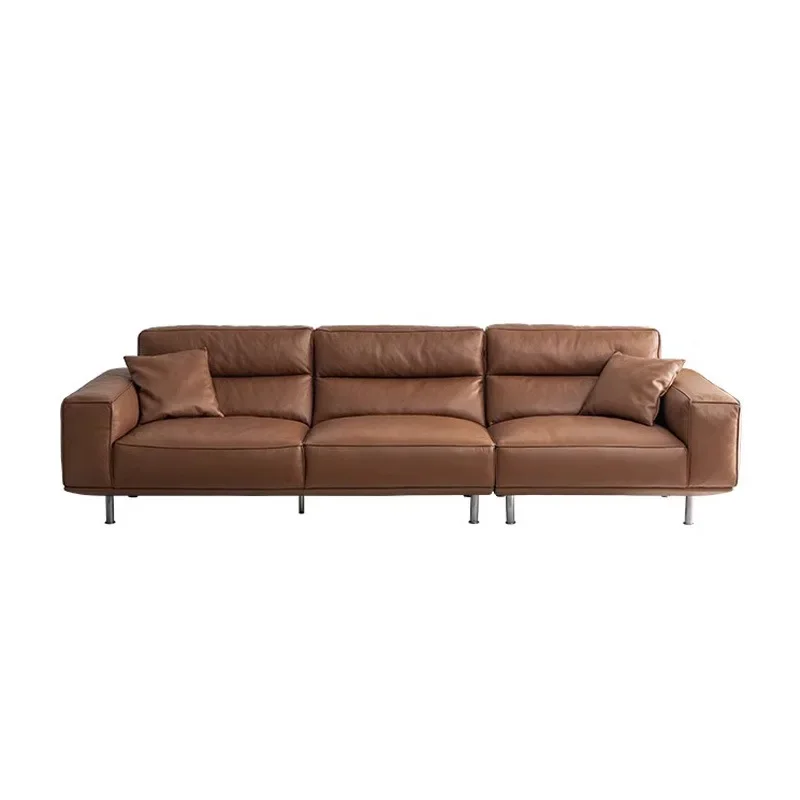 New tofu block leather  living room size apartment straight row three or four people high backrest first layer cowhide