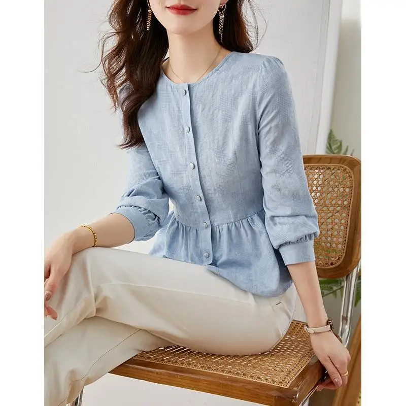 Small Shirt with Niche Design and Waist-hugging Blue Shirt Fashionable Women's French Waist-pinching Top for Women