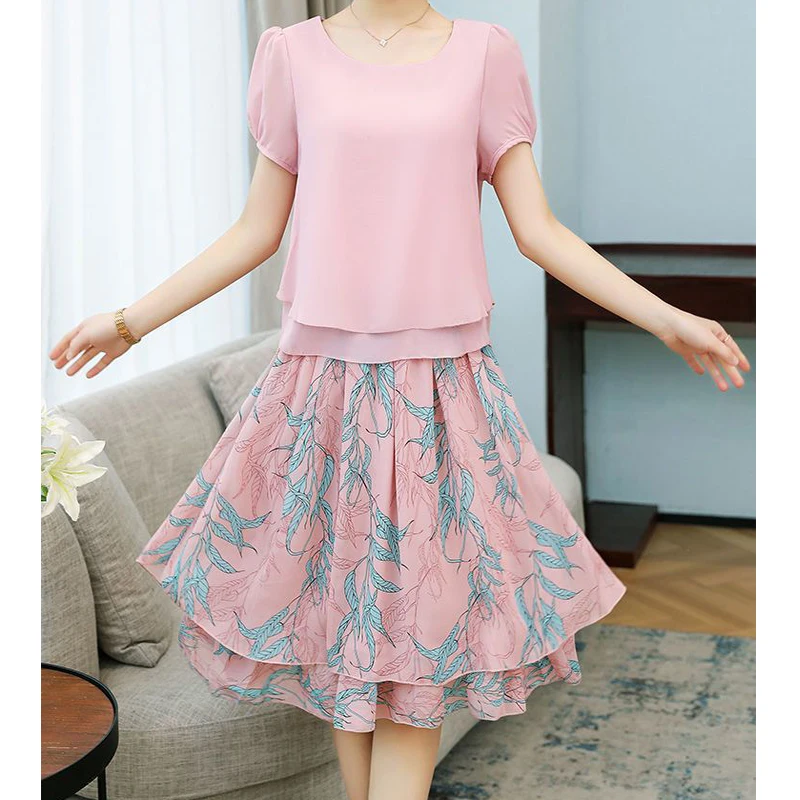 Two Peice Set for Women Korean Fashion Double Layer Short Sleeve Blouse Summer Sweet Floral Print Ruffle Skirts Elegant Outfits