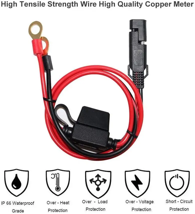 2FT Motorcycle Battery Charger Cable SAE to O-ring Terminal Quick Disconnect Assembly Extension Cable