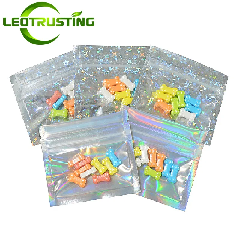 100PCS/500PCS/1000PCS Clear Front Hologram Ziplock Packaging Pouches Resealable Coffee Tea Powder Trinkets Snack Xmas Gift Bags