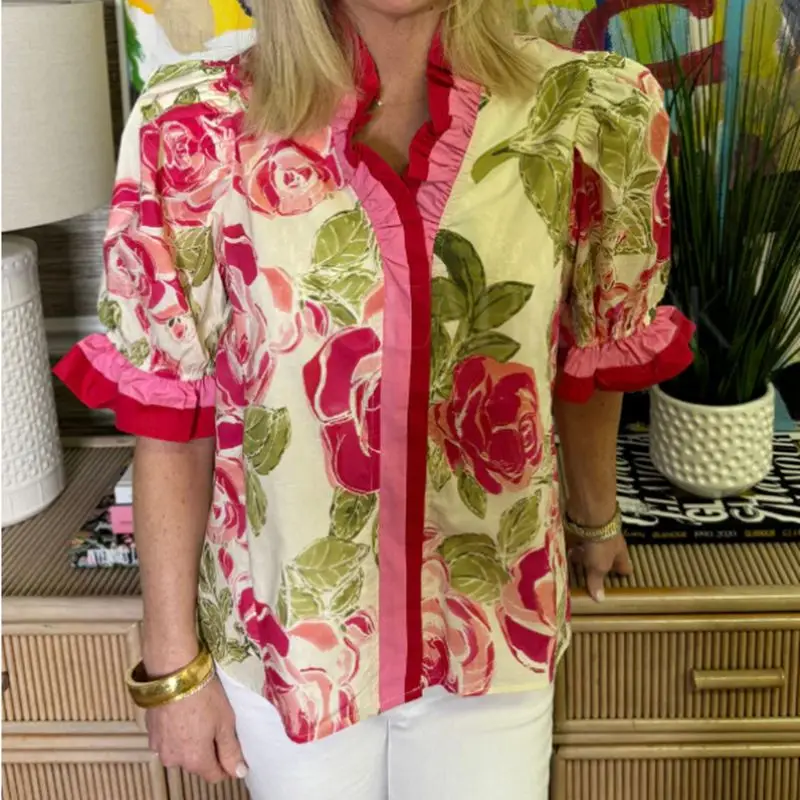 

Combhasaki Women Spring/Summer Short Puff Sleeve Loose Fit Blouses Y2K Aesthetic Colorful Flower Print Ruffled Trim V Neck Tops