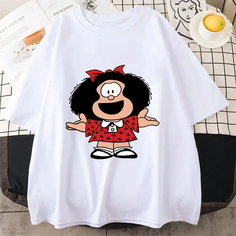 

Новая футболка Mafalda, женская футболка, удобная и дышащая хлопковая мужская футболка с короткими рукавами и рисунком, женская одежда в стиле Харадзюку в стиле манга