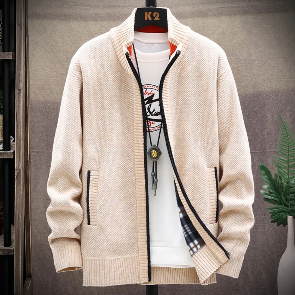 

Knitted Cardigan Solid Color Sweater Men Zipper Autumn New Long-sleeved Jacket Warm Fleece Cardigans Jacket