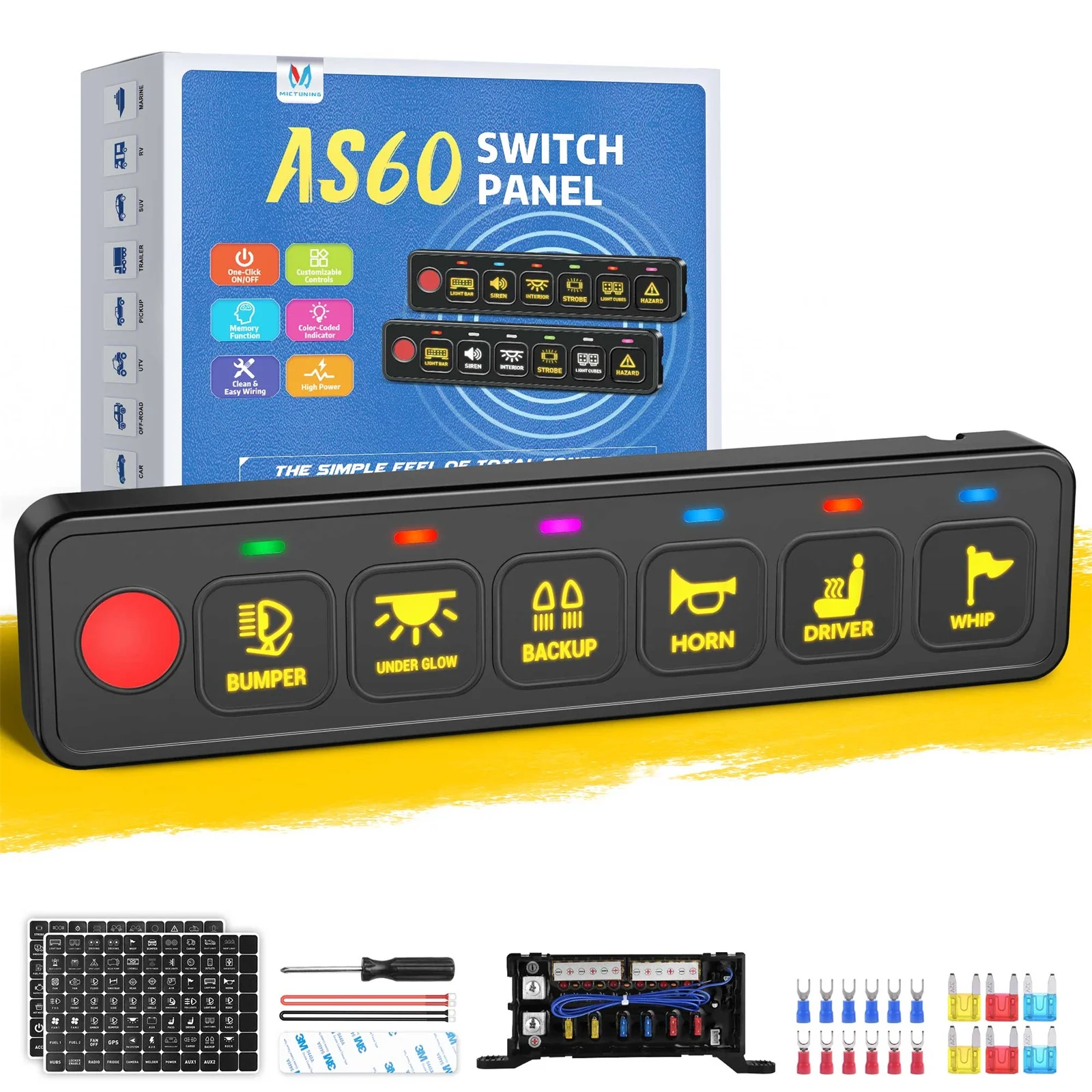 MICTUNING 4/6 Gang Switch Panel,High Power Multifunction Four Control Modes Circuit Control Relay System Box,12V/24V For Car