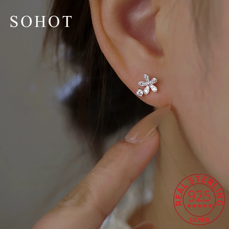 

Real 925 Sterling Silver Flower Zircon Mini Charm Stud Earrings for Women Elegant Fine Jewelry Exquisite Plant Accessories