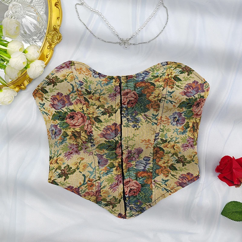 Vintage Blumen Jacquard Bustier Korsett sexy niedrig geschnittenen träger losen Crop Top Frau Retro europäischen Stil Kleidung Trends ärmelloses Top