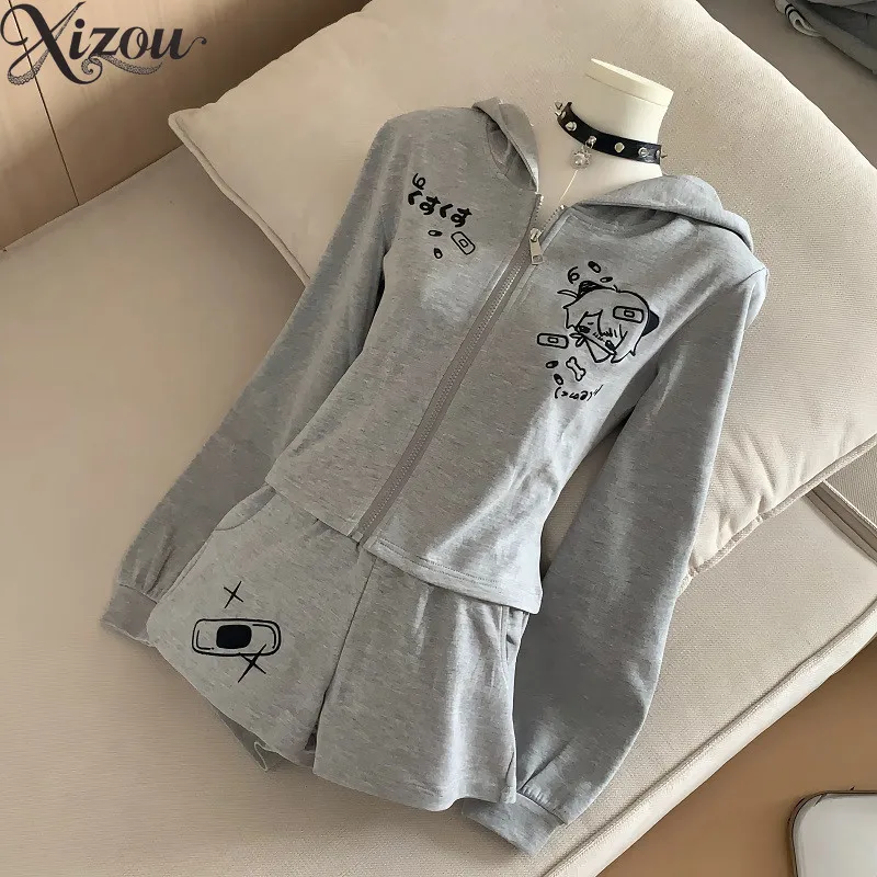 Sweet Casual Outfits Summer Kawaii Girls 2 Piece Sets Embroidery Hooded Short-sleeved Top with Shorts Suit  Japanese Style