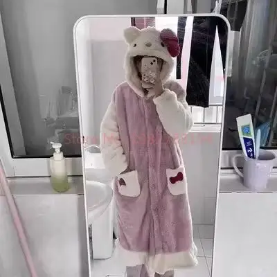 Hello Kitty Kawaii Sanrio Cute Bow Furry Pajamas Autumn And Winter Sweet Girl Long Pajama Anime Plush Couple Loungewear image 6