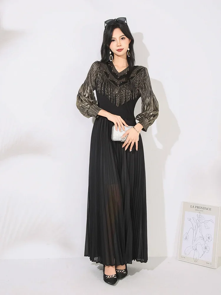 

Miyake Style V Collar Green Tassel Patchwork Design Women's Dress 2025 New Gold Foil Printing Lantern Sleeve Dresses Chic New