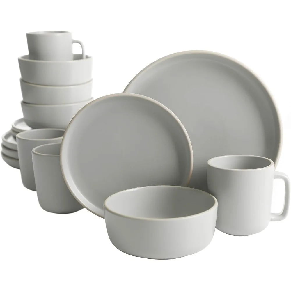 

16-Piece Round Stoneware Dinnerware Set for 4, Light Grey, Includes Plates, Bowls, and Mugs