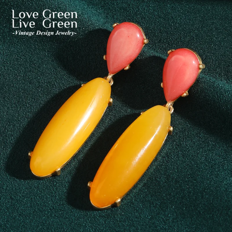 

Vintage Long Earrings With Stones Natural Orange Yellow Water Droplet Glass Luxury Quality Jewelry Trend 2025 Statement