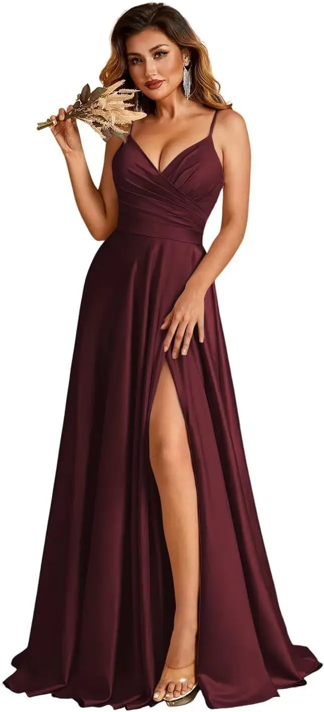

Women's Satin Pleated Bridesmaid Dresses with Slit Ruched Waist V Neck Formal Dress Formal Dress Women Elegant Evening Dress