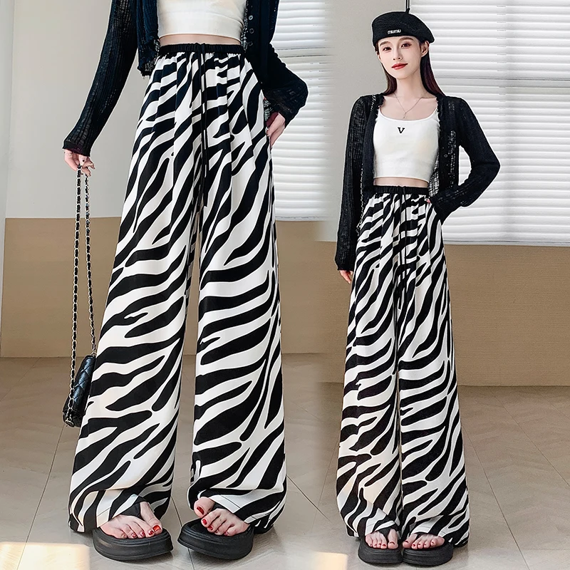 Zebra print women's summer thin contrasting waist drawstring sunscreen printed ice silk chiffon drape cool wide leg pants