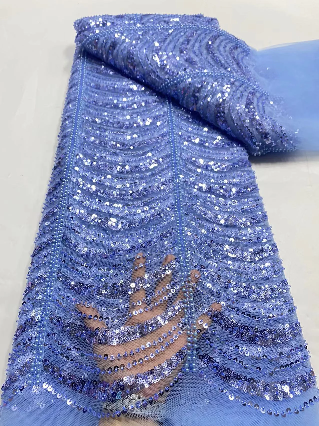 

African Mesh Lace 2024 Fabrics Embroidery Sequins Tulle Blue Dubai Beaded Fabric For Women Party Dresses 5Yards Sewing Meters