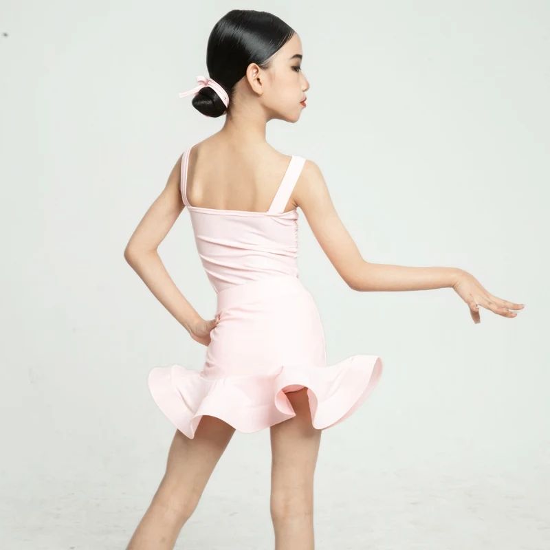 Rosa Latin Dance Anzug Sommer Ärmellose Leistung Tanz Kleid Mädchen Rüschen Rock Kinder Rumba Cha Cha Bühne Kostüm AMY1790