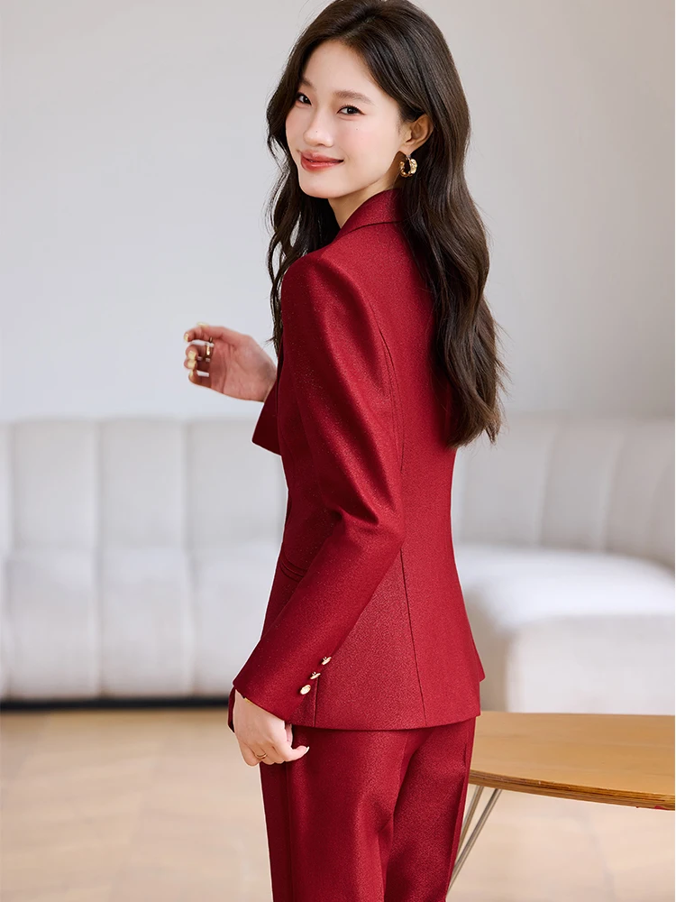 بدلة بناطيل نسائية وردي أحمر مشمش أسود مكتب السيدات العمل 2 قطعة مجموعة سترة رسمية وبنطلون #6