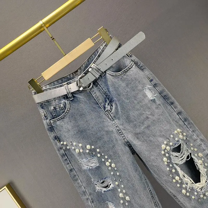 Women\'s Fashion Jeans Ripped Jeans New Loose High Waist Jeans Beads Rhinestones Harem Pants Female Street Holes Denim Trousers
