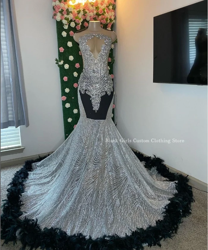 Silver Black Mermaid Prom Dress 2024 Shiny Sexy Cutout Feather Applique Black Girl Birthday Party Formal Abendkleider