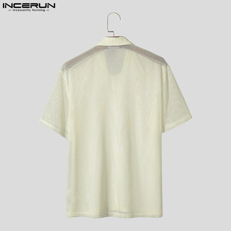 INCERUN Tops 2024 Korean Style Men Stylish Hollow Braid Flower Shirts Casual Streetwear Male Splicing Short Sleeved Blouse S-5XL