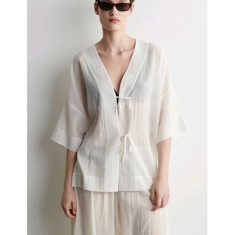 

CS Summer New Women's Cotton Casual Sle irt with Belted Front Hem Loose Fit V-Ne ort Sve Pure Color Commute Sle