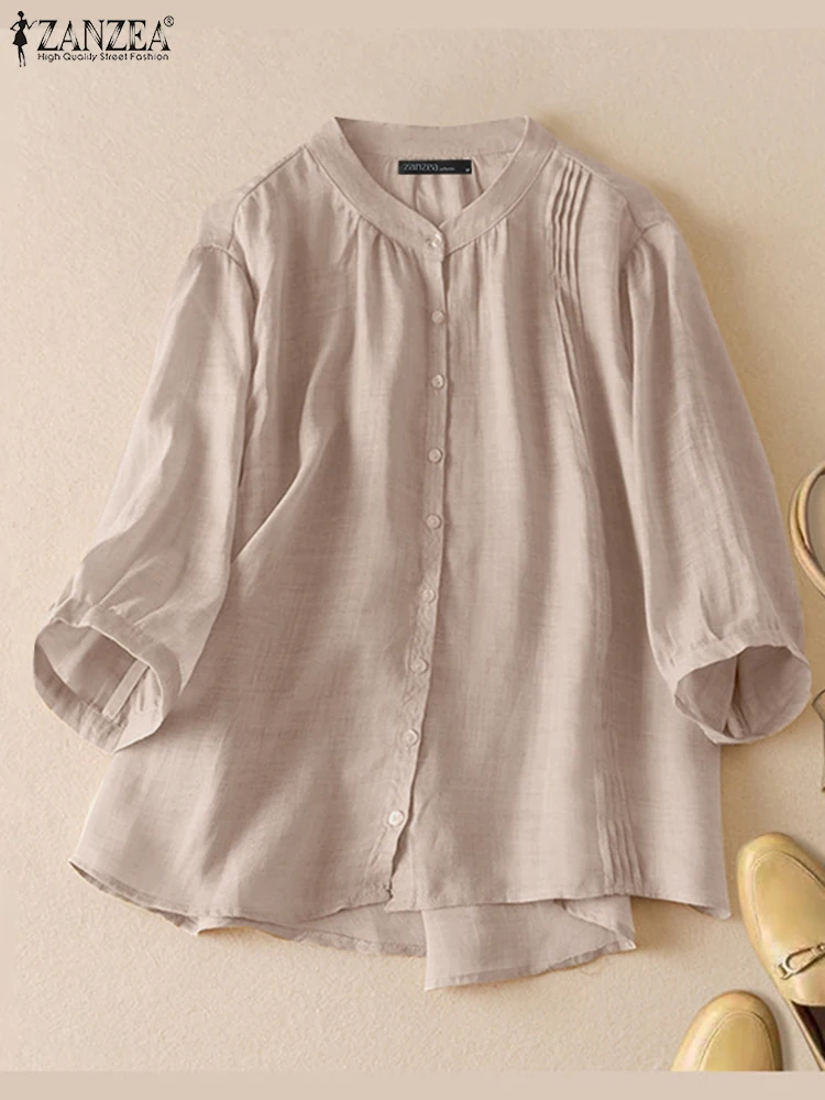 ZANZEA-Chemise Vintage Décontractée pour Femme, Chemisier Monochrome à Manches 3/4, lèvent vers le Bas, Tunique de Vacances, Été 2025