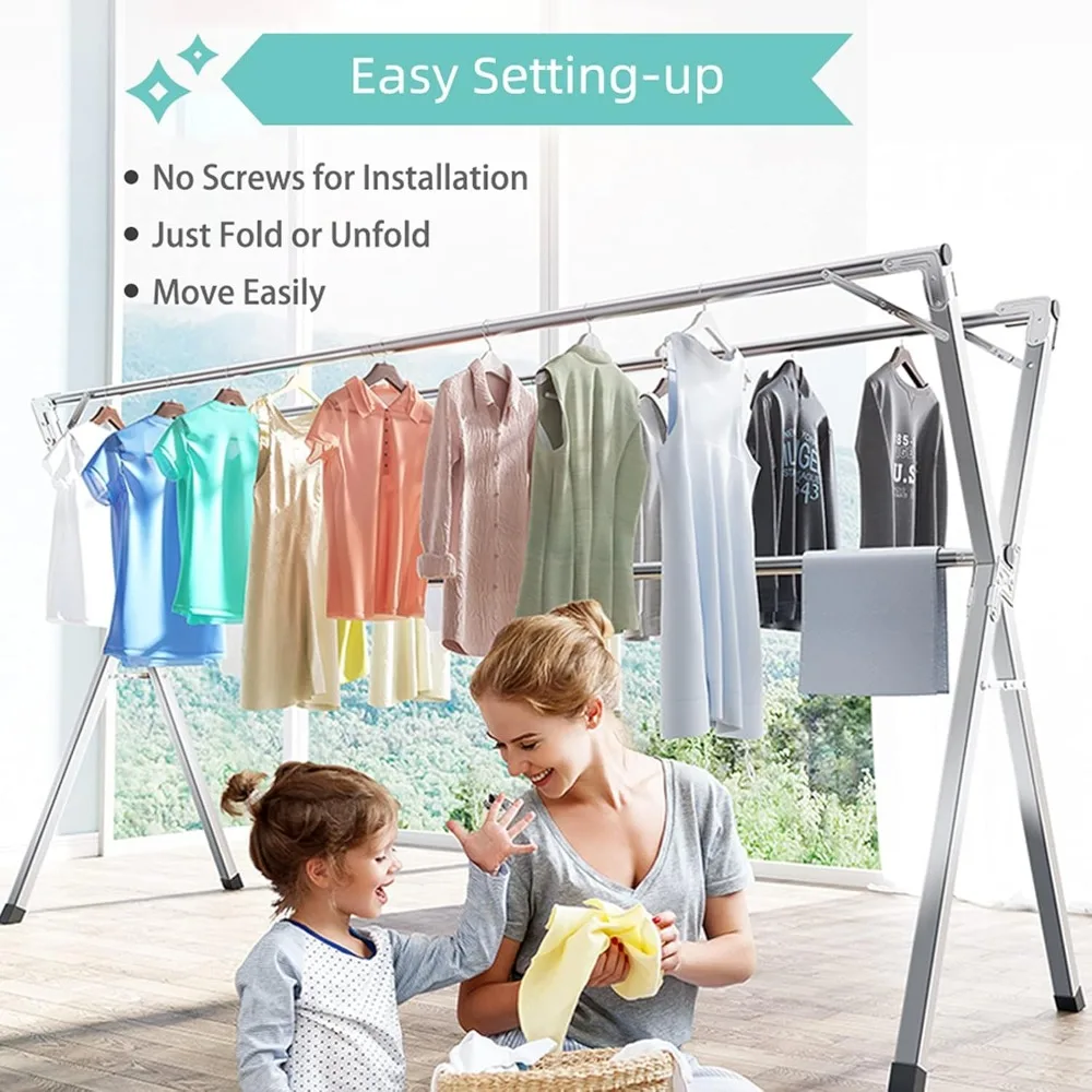 Clothes Drying Rack, 79 inch Heavy Duty Stainless Steel Laundry Drying Rack, Foldable &Length Adjustable Space Saving Garment R
