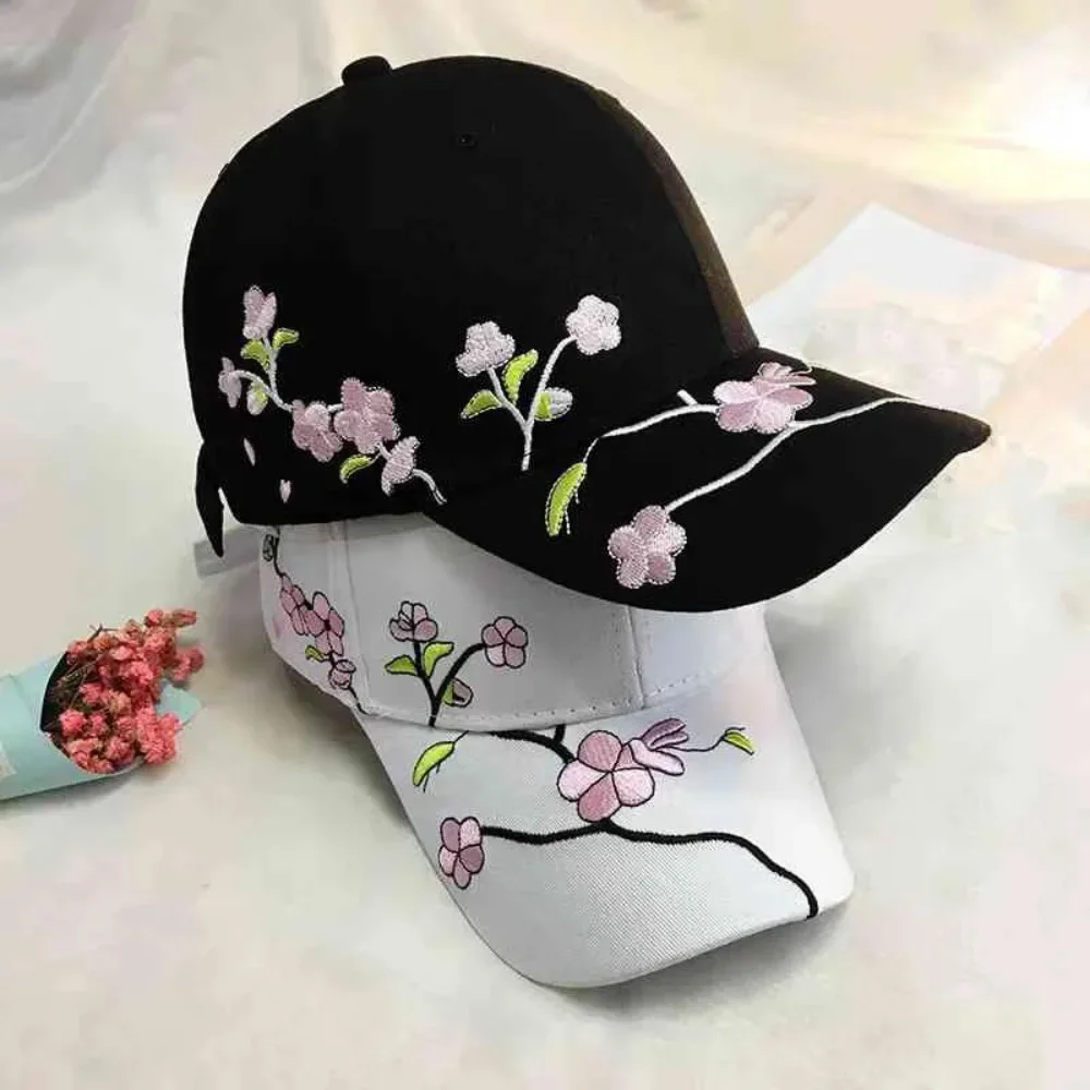 Women Flower Embroidery Baseball Caps Fashion Plum Spring Summer Outdoor Long Brim Sun Hats Cotton Adjustable Sports Female Cap