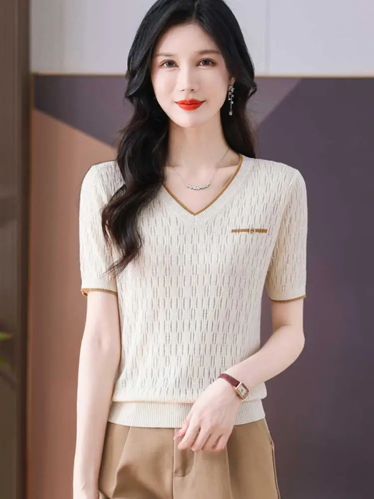 Moederdag Mama Sle ort Sve Ijs Zijde Gebreide Losse Hollow out V-Ne T-shirt vrouwen Zomer Nieuwe Faion Casual top