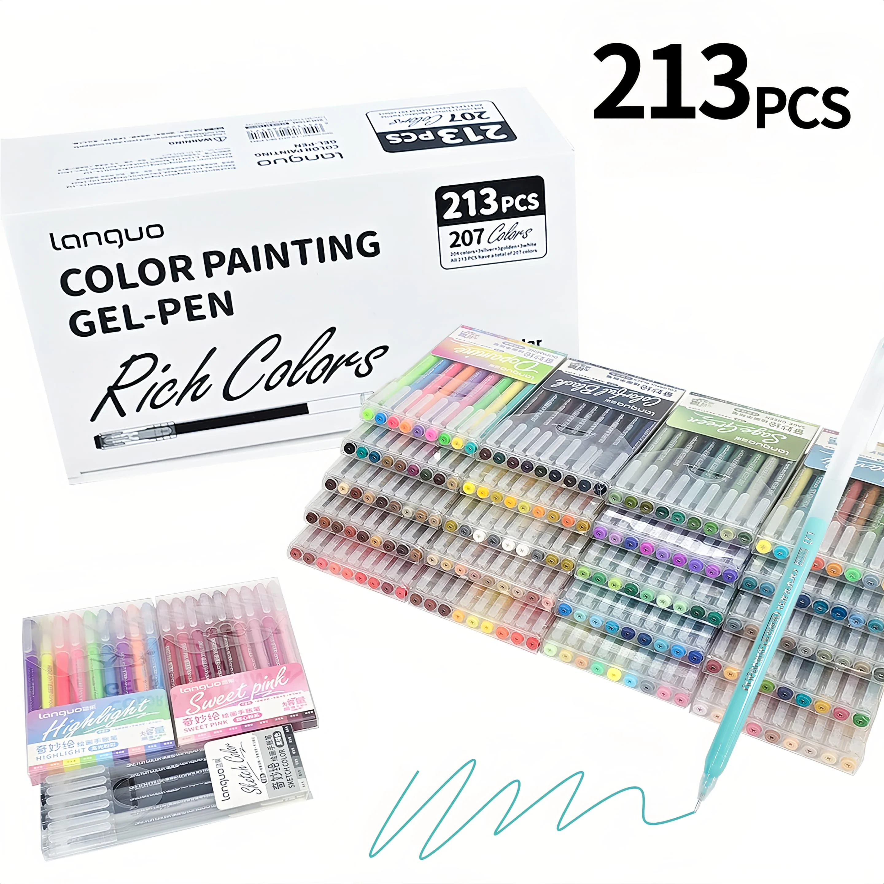 Languo 213pcs 207 Colors Of One Set Drawing Handbook Pens Student DIY Graffiti Multi-Color Gel Pen Writing Marker Stationery