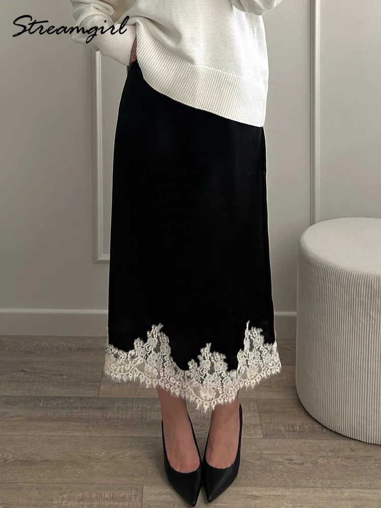 Midi Satin Skirt With Lace Brown Women Summer Office Zipper Skirts A Line Patchwork Satin Silk Skirts Midi Black Luxury Woman