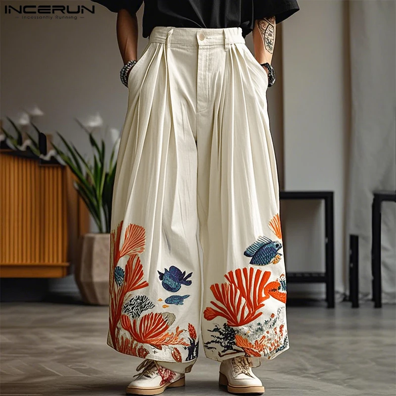 

INCERUN Men Wide Leg Pants Printing Button Pleated Joggers Casual Trousers Men Oversize 2025 Fashion Streetwear Long Pants S-5XL