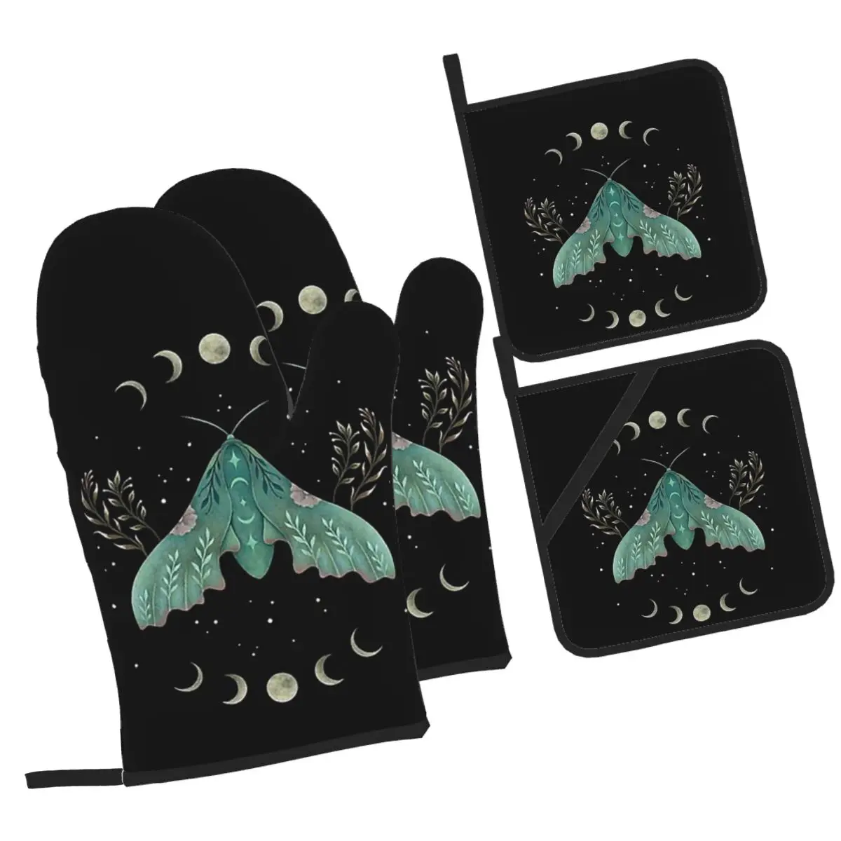 

Наборы рукавиц для духовки Luna And Moth и держателей для кастрюль из 4 штук для выпечки, кухни, приготовления пищи, устойчивых к барбекю, нескользящих перчаток