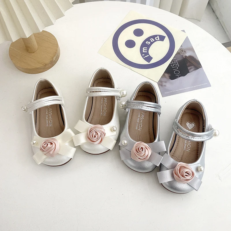 

Girls Shoes Flower Sweet Bowknot Autumn Princess Kids Leather Shoes Wedding Lovely Beige Sliver Children's Flat Shoe 23-34
