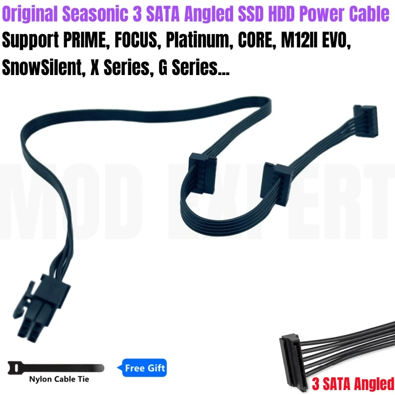 Original Seasonic 6Pin to 3x SATA Angled SSD HDD Modular Power Cable for PRIME, FOCUS, Platinum, CORE, M12II EVO, SnowSilent PSU