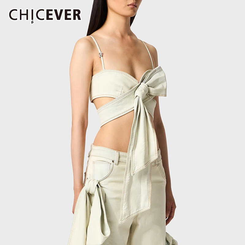 

CHICEVER Sexy Slimming Denim Top For Women Square Collar Sleeveless Off Shoulder Backless Patchwork Bowknot Chic Crop Top Female