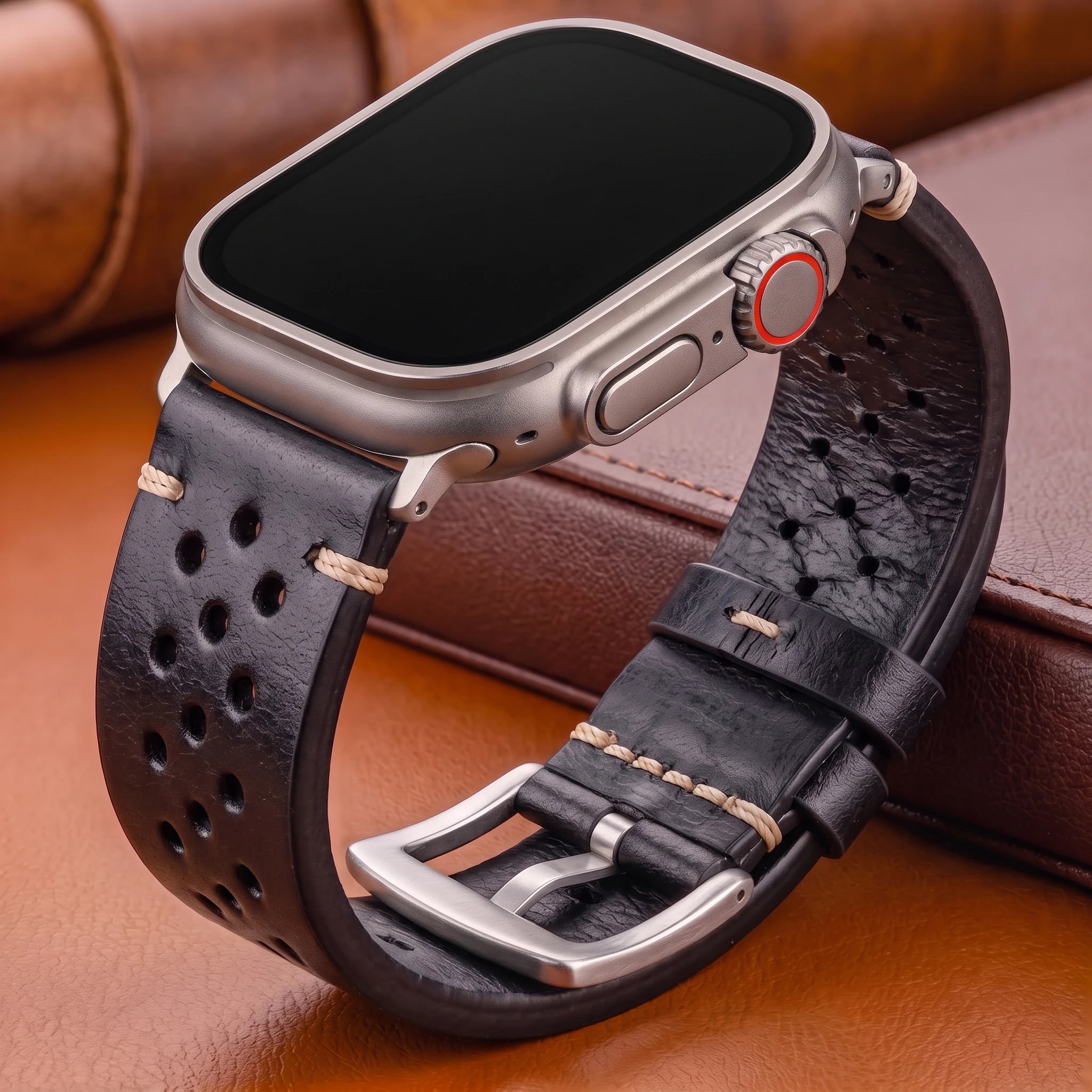 Breathable Oil Wax Leather Watchband For Apple Watch 49mm 45mm 44mm 41mm 40mm 42mm 38mm Strap Series 9 8 7 SE Ultra Bracelet