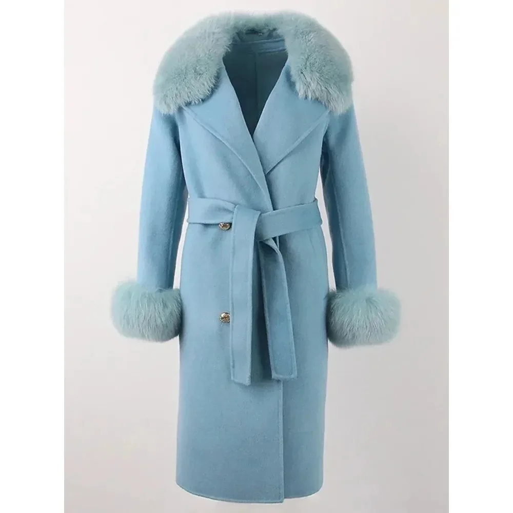 

Пальто из натурального меха 2025, зимняя двубортная шерстяная куртка с поясом, теплая кашемировая уличная одежда, новая мода, длинная женская смесь натуральной шерсти