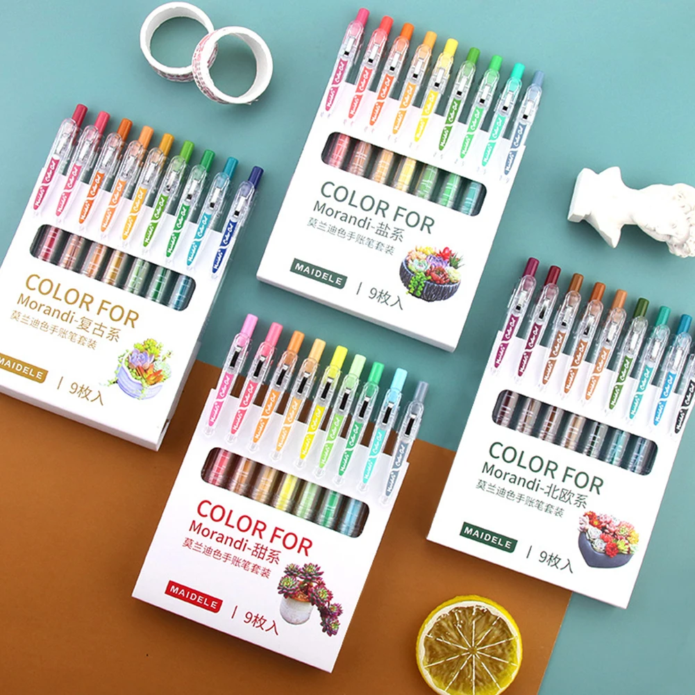 

Набор из 9 гелевых ручек для записей, 0,5 мм, роллерные, в стиле Моранди, ретро-дизайн, канцелярские товары