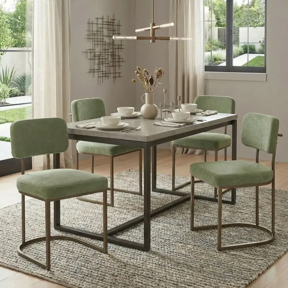 

Комплект из 4 обитых тканью обеденных стульев с эргономичной спинкой, тканевой подушкой и металлическими ножками для кухни, гостиной, кафе, зеленый цвет