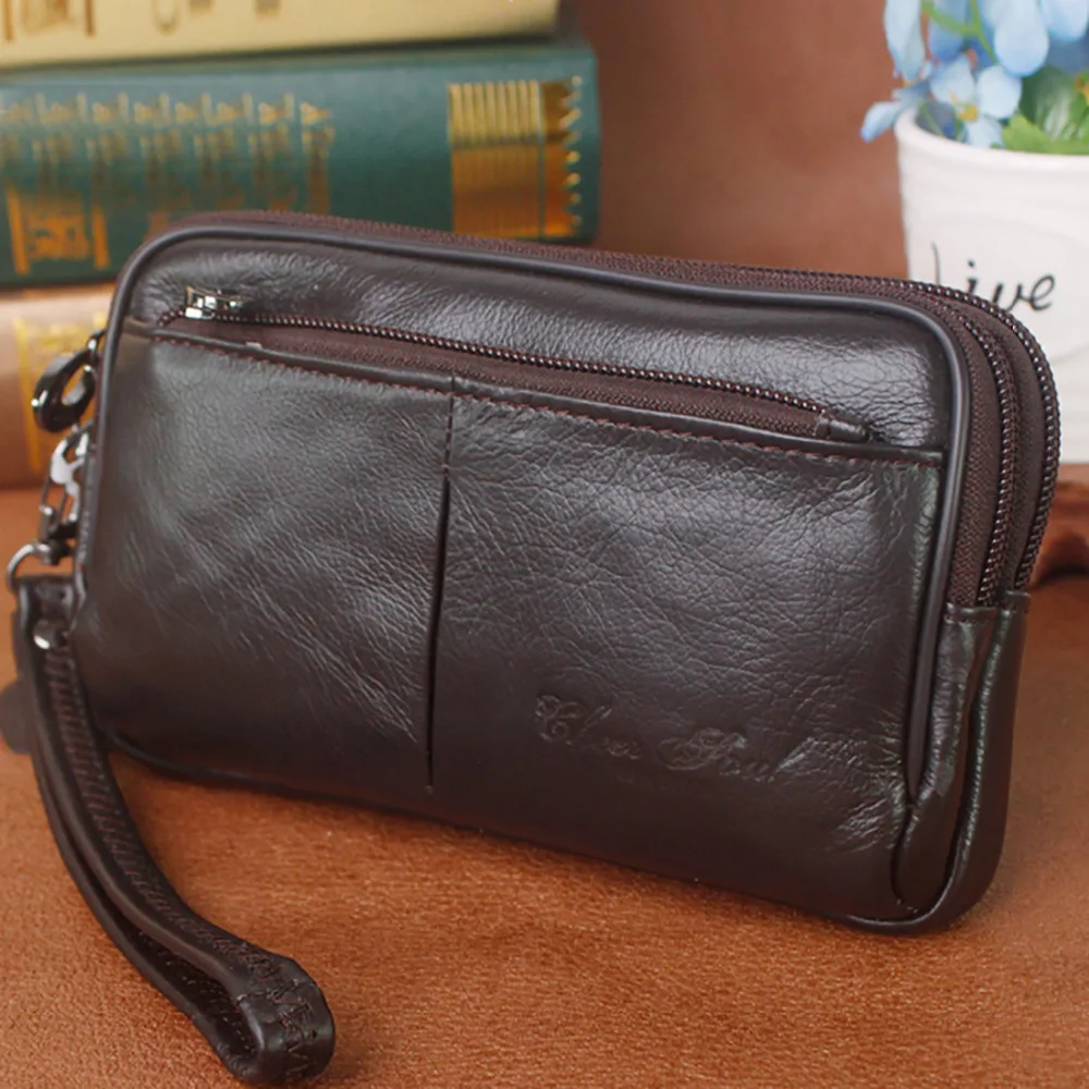 Men Genuine Leather Clutch Wrist Handy Bags Wallet Multifunction Waist Belt Organizer Wallets Cell Phone Case Fanny Bag Purse